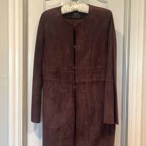 Rich burgundy wine colored soft suede Theory long hook/eye womens jacket size S
